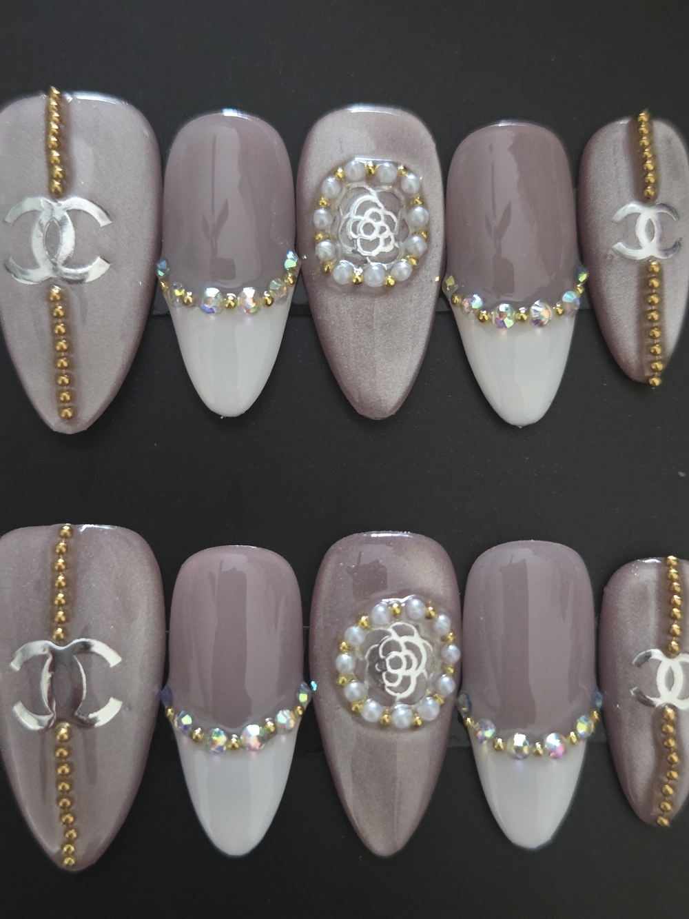 Elegant Taupe and White Press-On Nails with Gold and Rhinestone Accents